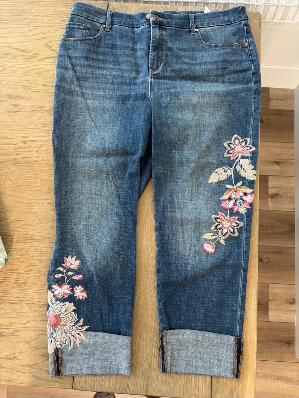 Chico's Dark Blue Cropped Jeans with Pink Floral Embroidery